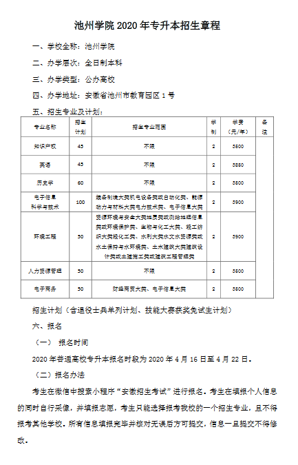 池州学院专升本招生简章